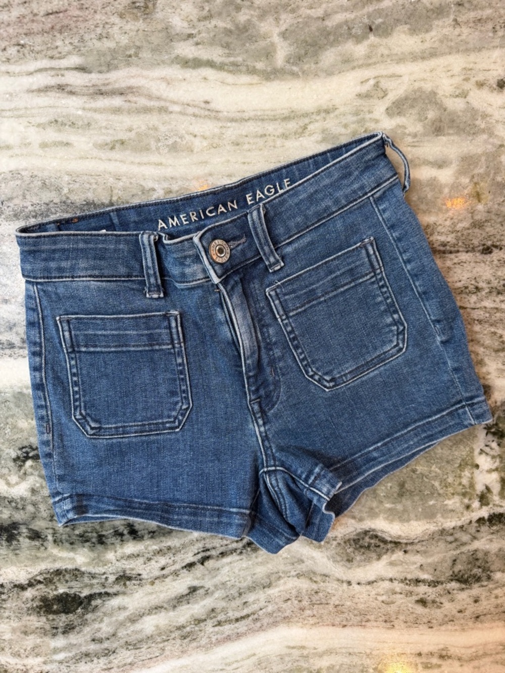 American Eagle High-Rise Shortie Medium Blue Denim Shorts Size 0